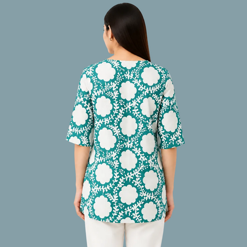 Teal Green Floral Printed Kurti for Women | V-Neck Ethnic Top