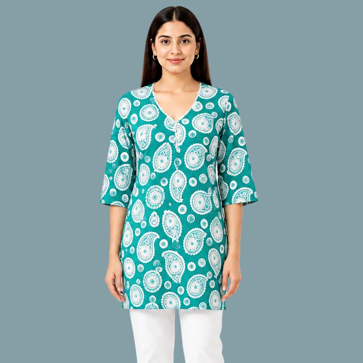 Women's Sea Green Paisley Printed Cotton Short Kurti with V-Neck, Free Size Casual Daily Wear Tunic Top