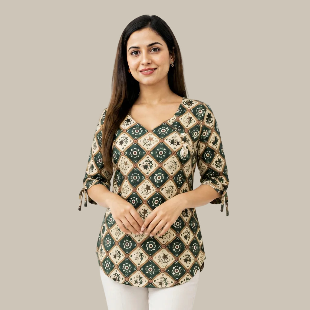 Women's Olive Green Geometric Printed Cotton Top with V-Neck and Tie-Up Sleeves, Free Size Casual Daily Wear