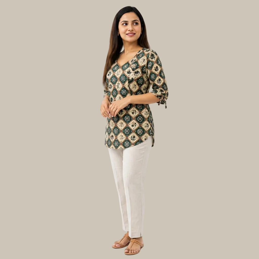 A woman wearing a V-neck tunic top with a green, beige, and brown geometric block print pattern, photographed against a plain white background.