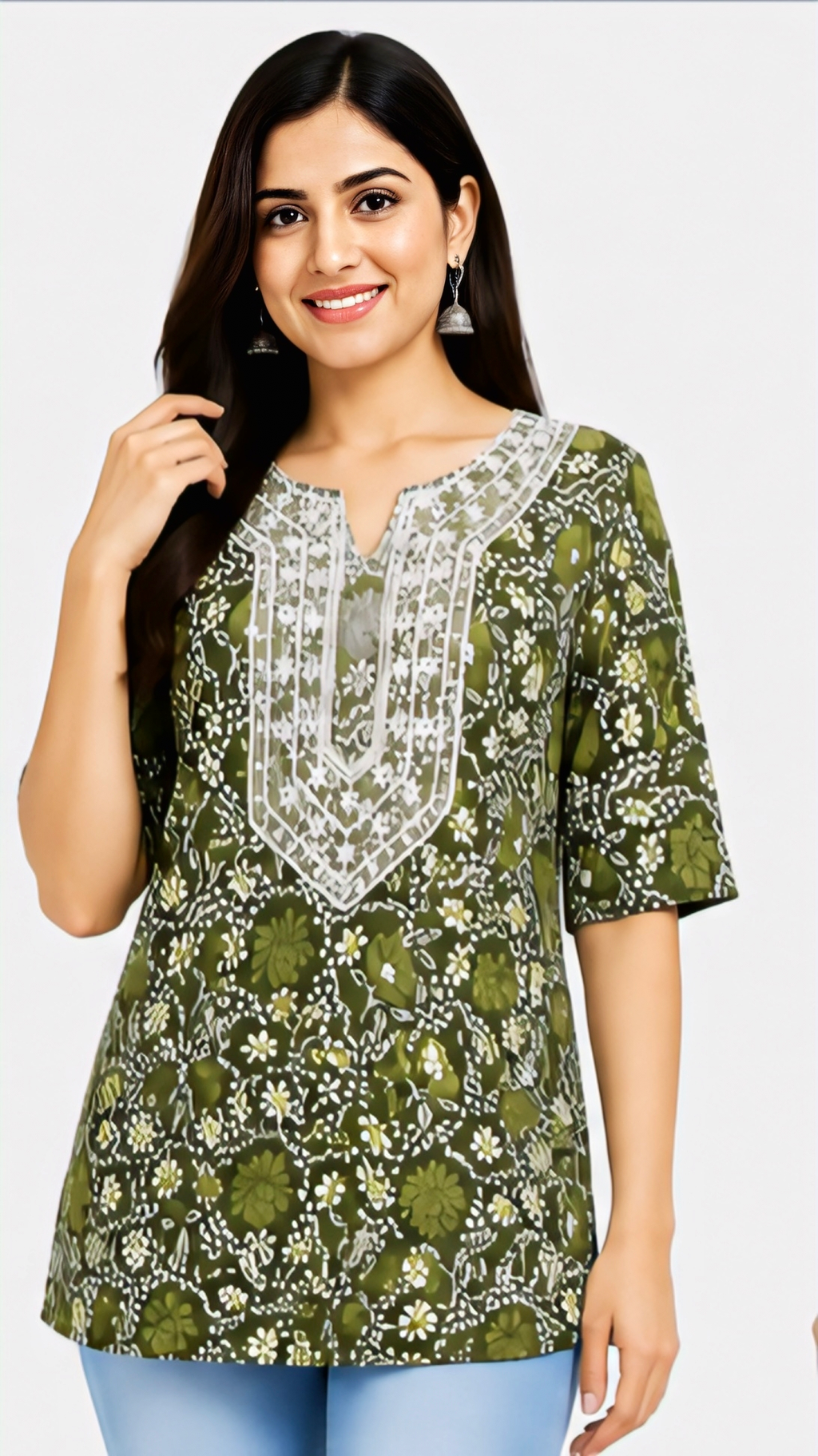 Women’s olive green floral printed kurti with 3/4 sleeves and decorative neckline