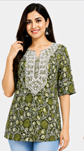 Women’s olive green floral printed kurti with 3/4 sleeves and decorative neckline