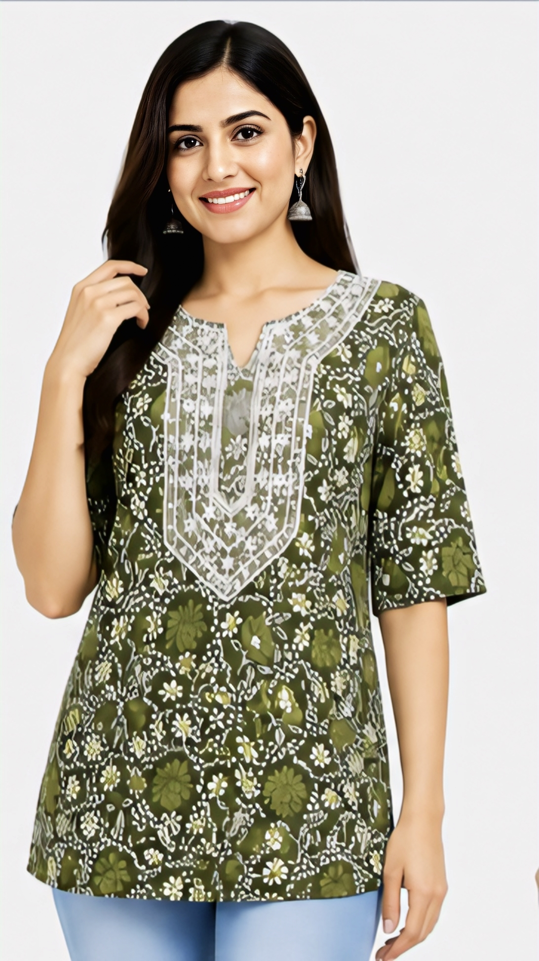 Women’s olive green floral printed kurti with 3/4 sleeves and decorative neckline