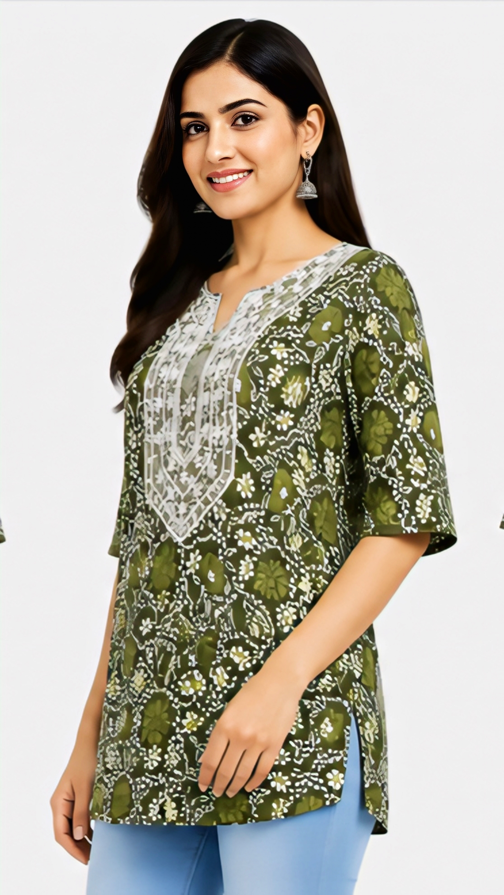 💚 Women’s Olive Green Floral Printed Kurti with Embroidered-Style Neckline