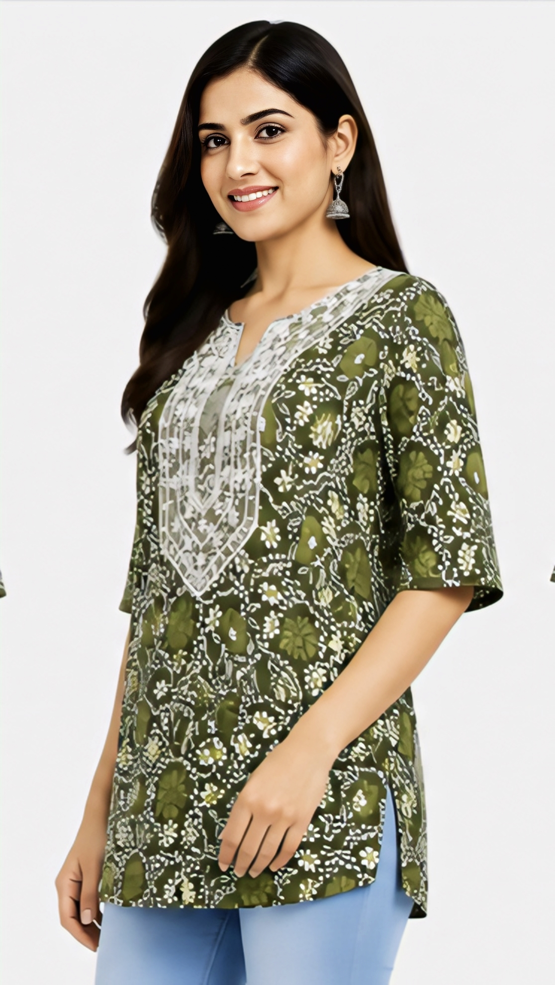 💚 Women’s Olive Green Floral Printed Kurti with Embroidered-Style Neckline