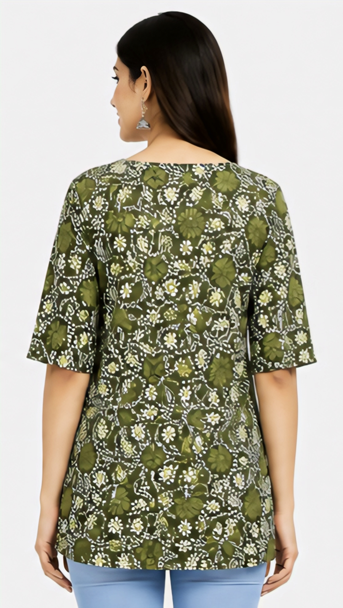💚 Women’s Olive Green Floral Printed Kurti with Embroidered-Style Neckline
