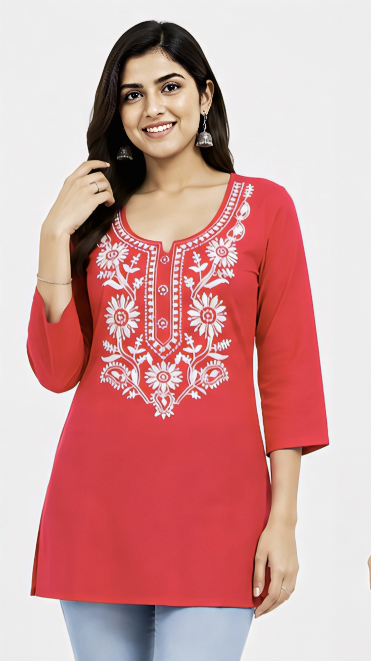Women’s red embroidered straight kurti with floral ethnic design and 3/4 sleeves