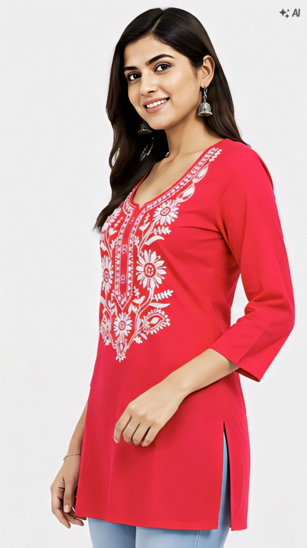 Women’s Red Embroidered Straight Kurti with Floral Ethnic DesignWomen’s Red Embroidered Straight Kurti with Floral Ethnic Design