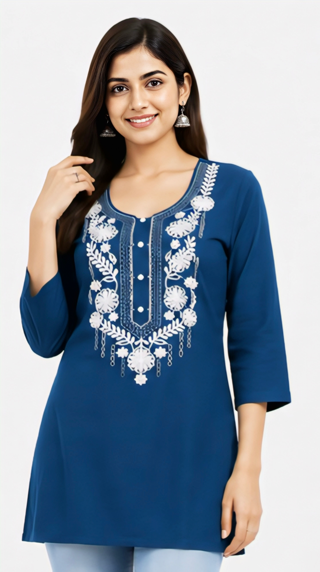 Women's Blue Cotton Embroidered Short Kurti with White Floral Embroidery, Free Size Casual Daily Wear Cotton Tunic Top
