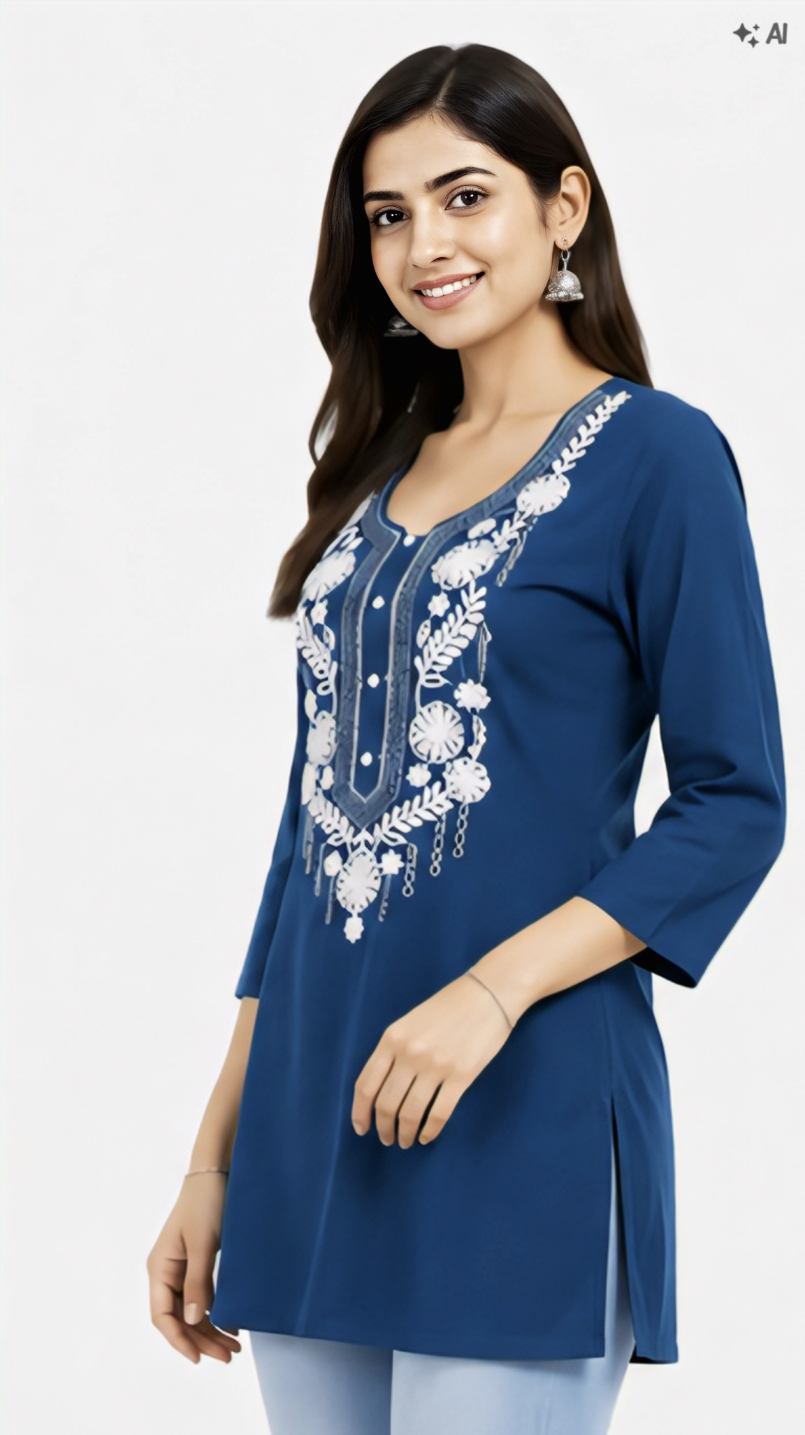 Women's Blue Cotton Embroidered Short Kurti | Free Size Casual Daily Wear Tunic Top