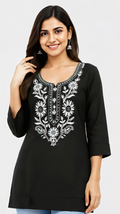 Women's black floral embroidered straight kurti with 3/4 sleeves