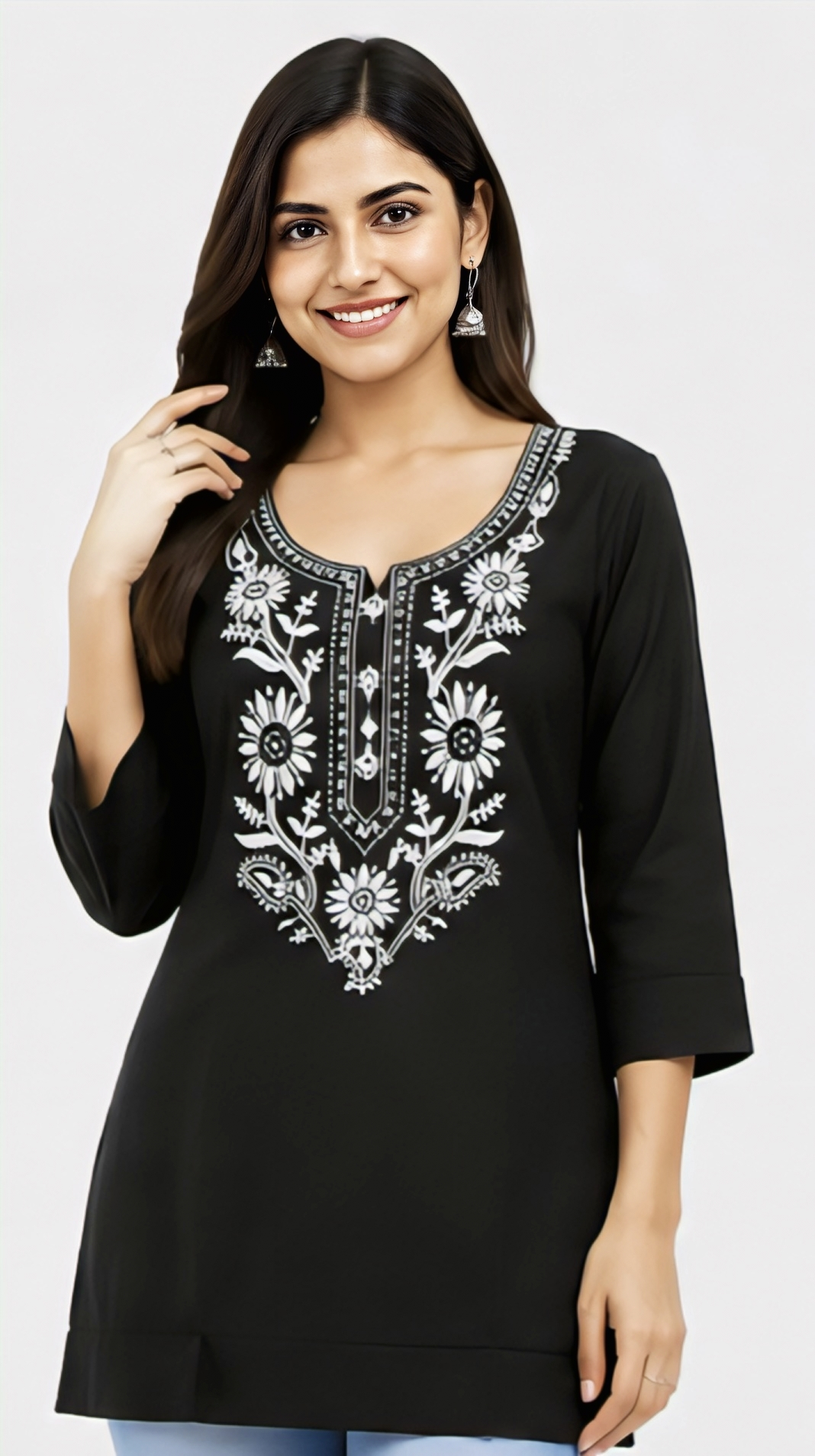 Women's black floral embroidered straight kurti with 3/4 sleeves