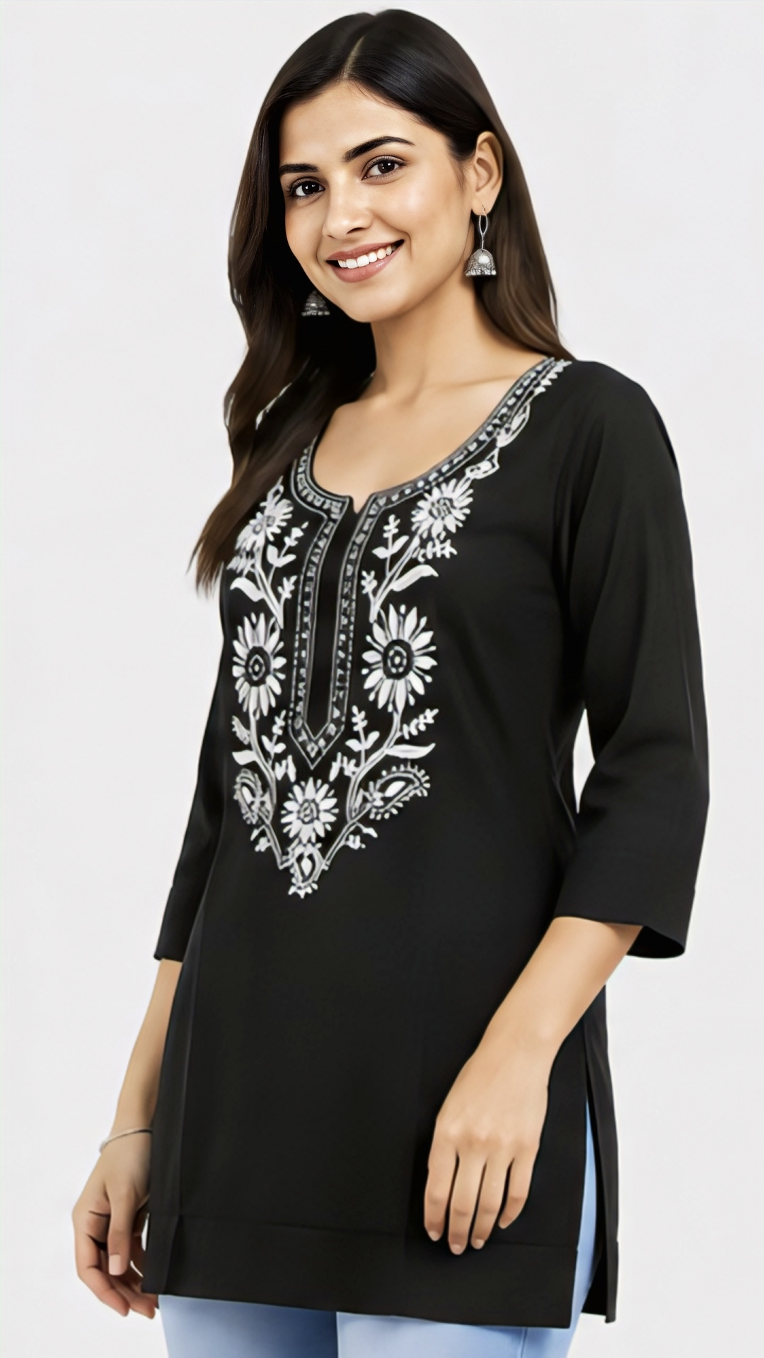 🖤 Women's Black Embroidered Floral Straight Kurti – Stylish Ethnic Wear