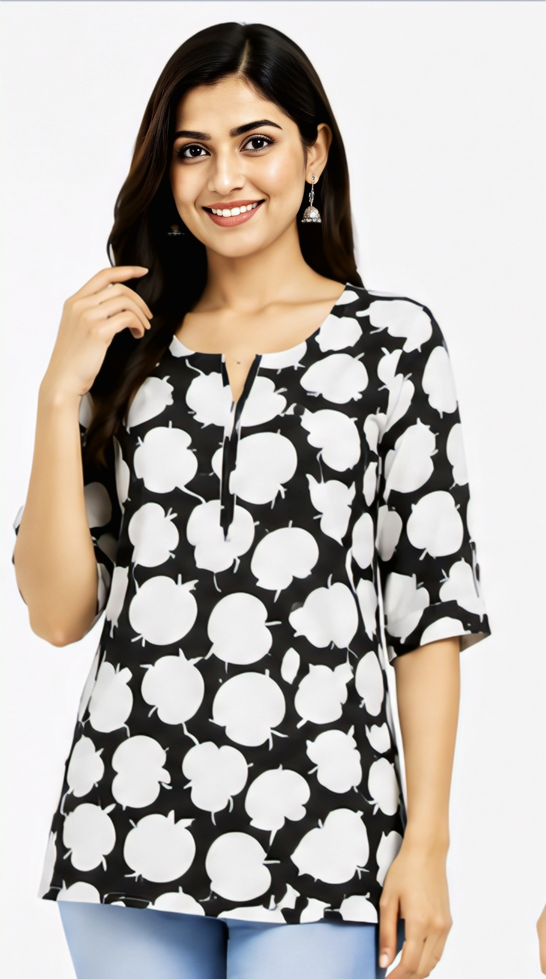Women's black and white floral printed kurti with 3/4 sleeves