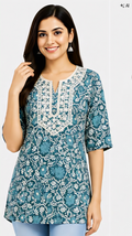 Women's teal blue floral printed cotton free size short kurti with designer neckline for casual and daily wear.