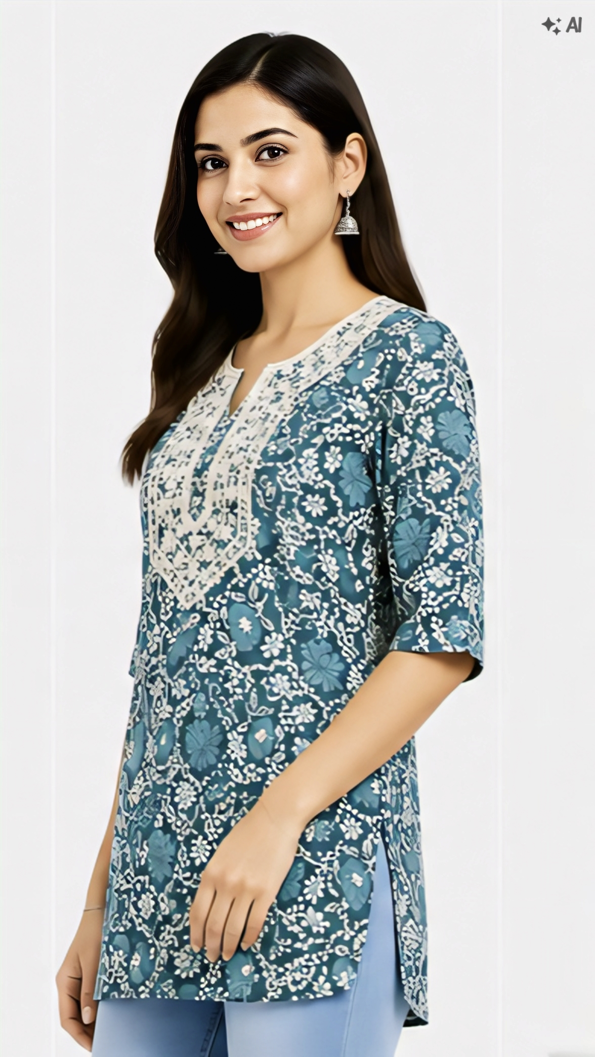 Women's Teal Blue Floral Printed Cotton Short Kurti