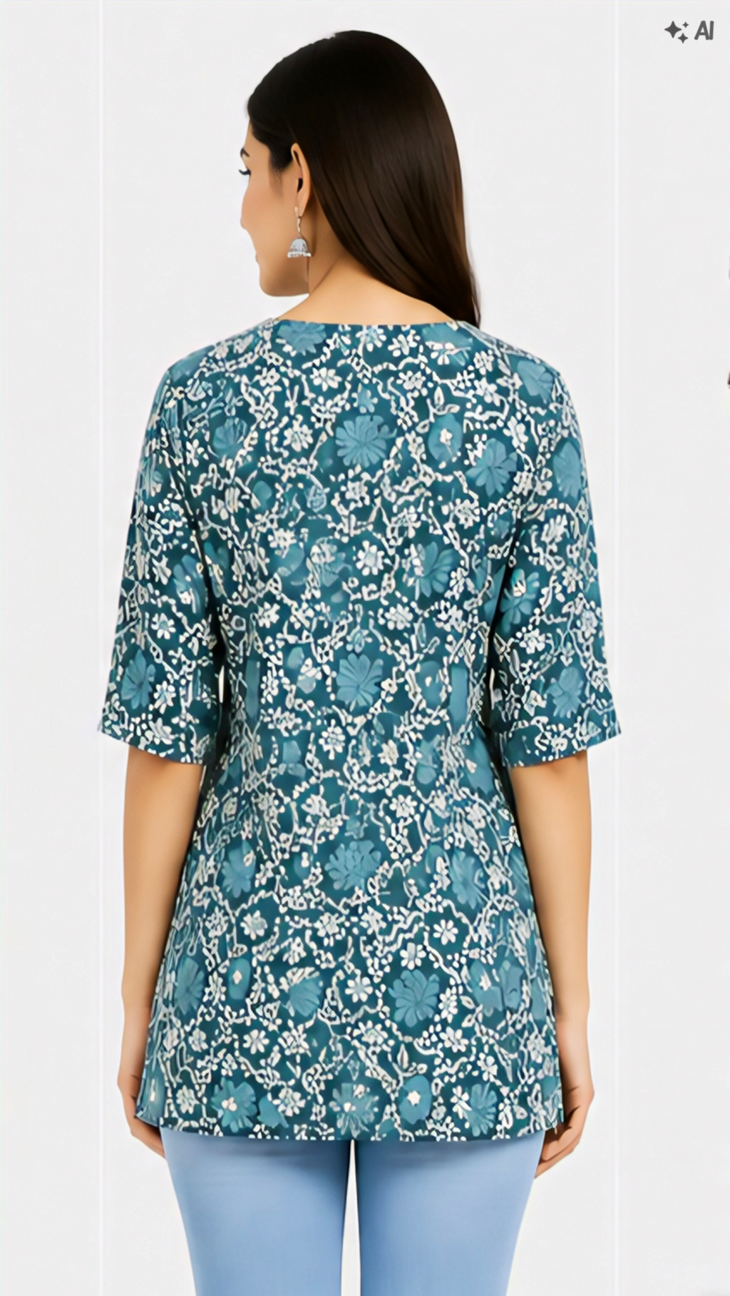 Women's Teal Blue Floral Printed Cotton Short Kurti