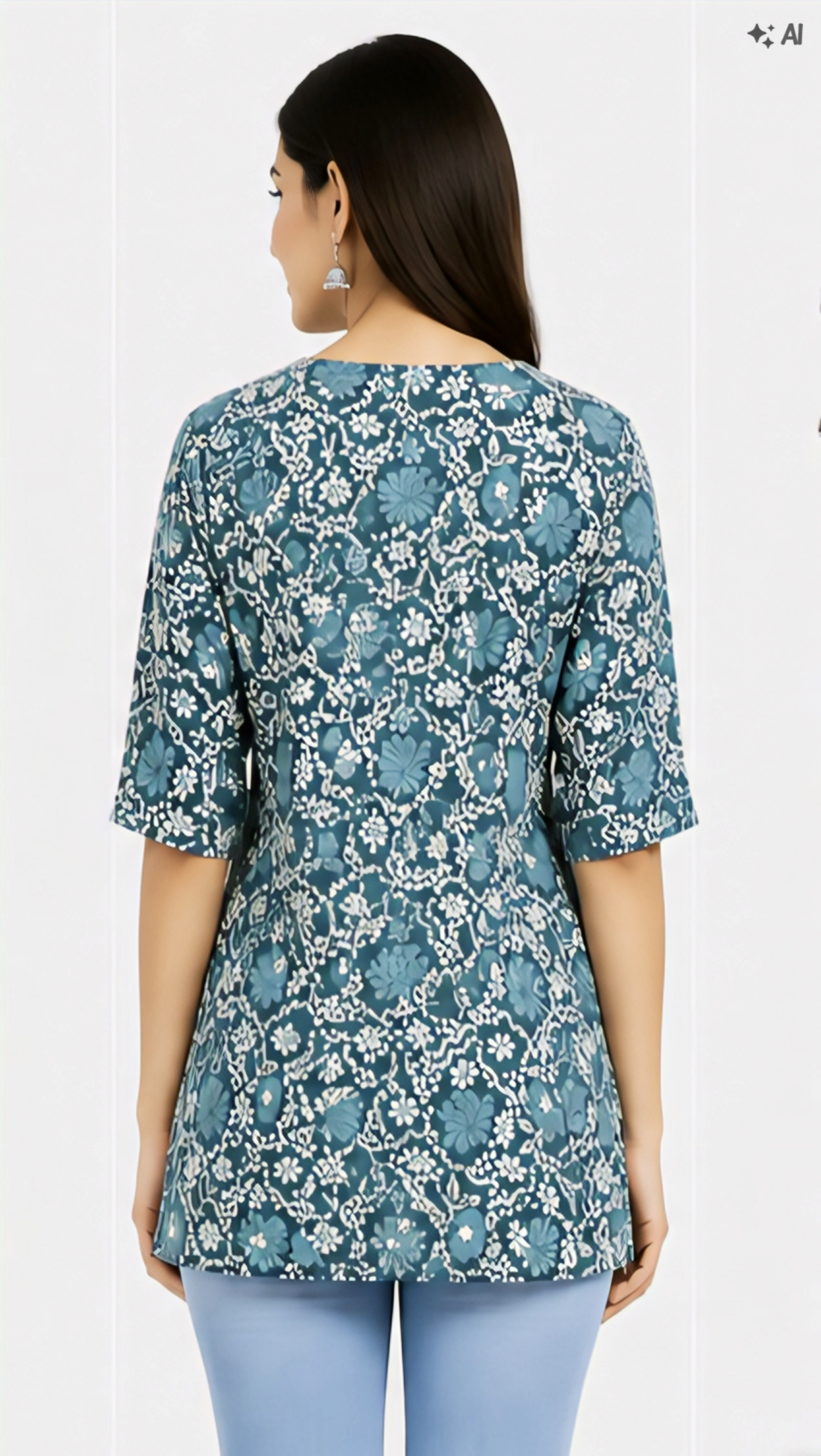 Women's Teal Blue Floral Printed Cotton Short Kurti