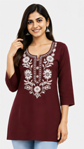 Women's Maroon Cotton Embroidered Short Kurti with White Floral Embroidery, Free Size Casual Daily Wear Tunic Top