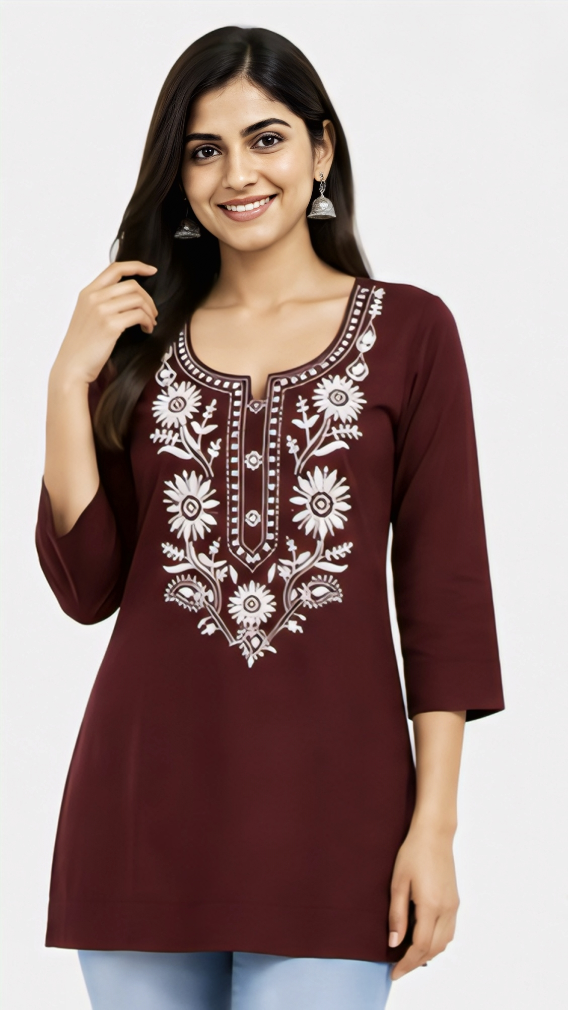 Women's Maroon Cotton Embroidered Short Kurti with White Floral Embroidery, Free Size Casual Daily Wear Tunic Top