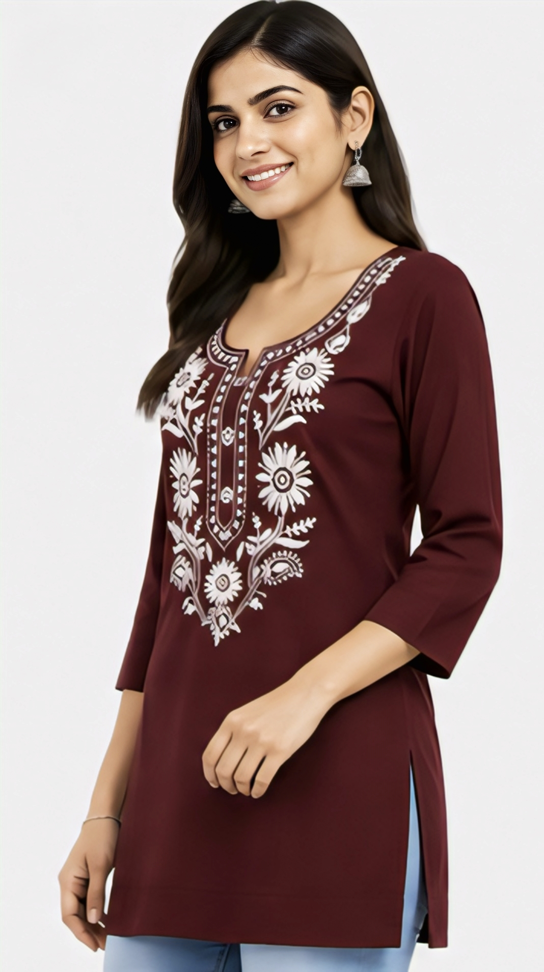 Women's Maroon Cotton Embroidered Short Kurti | Free Size Casual Daily Wear Tunic Top