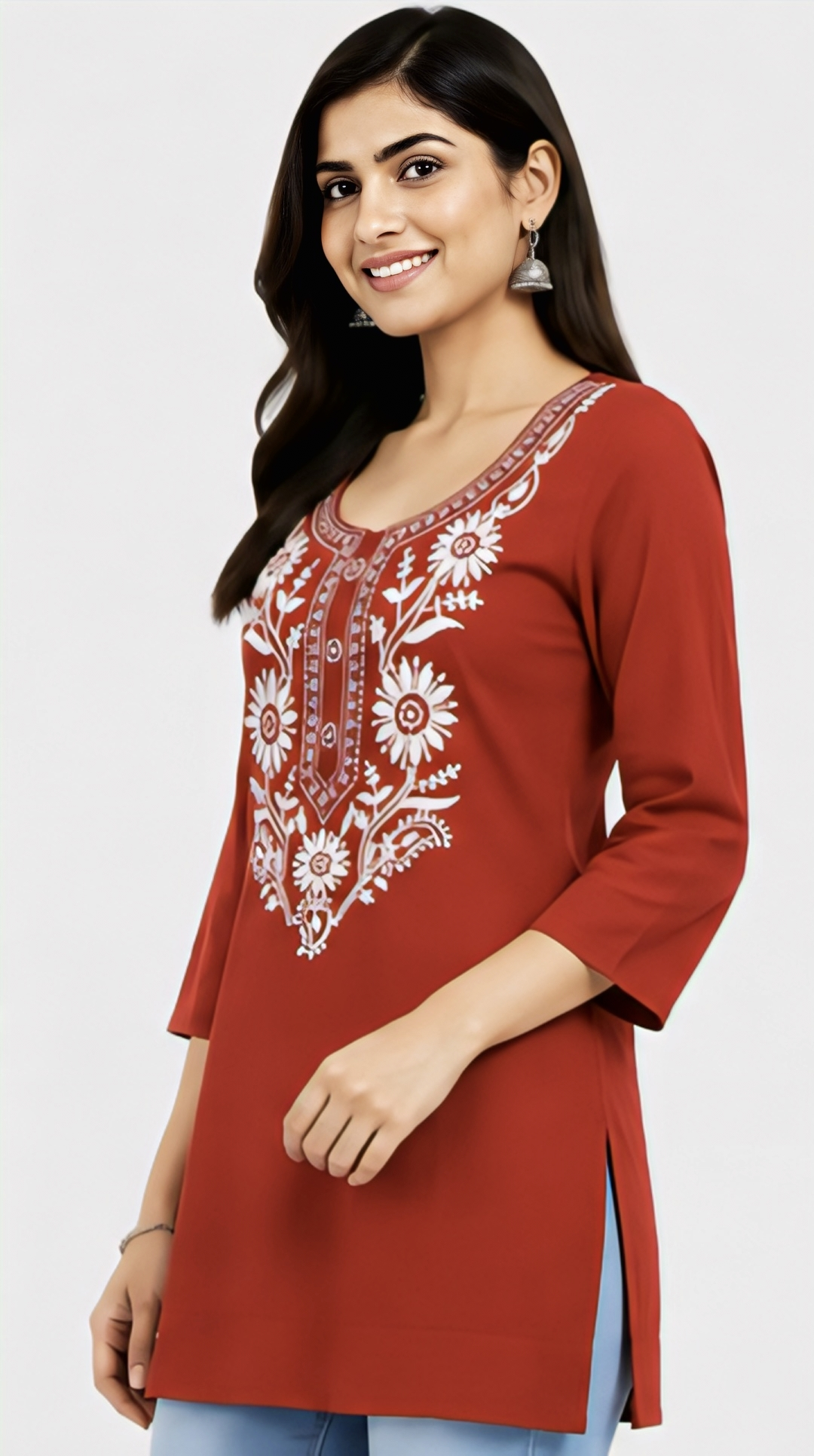 Women's Red Floral Embroidered Kurti | Stylish 3/4 Sleeve Ethnic Tunic