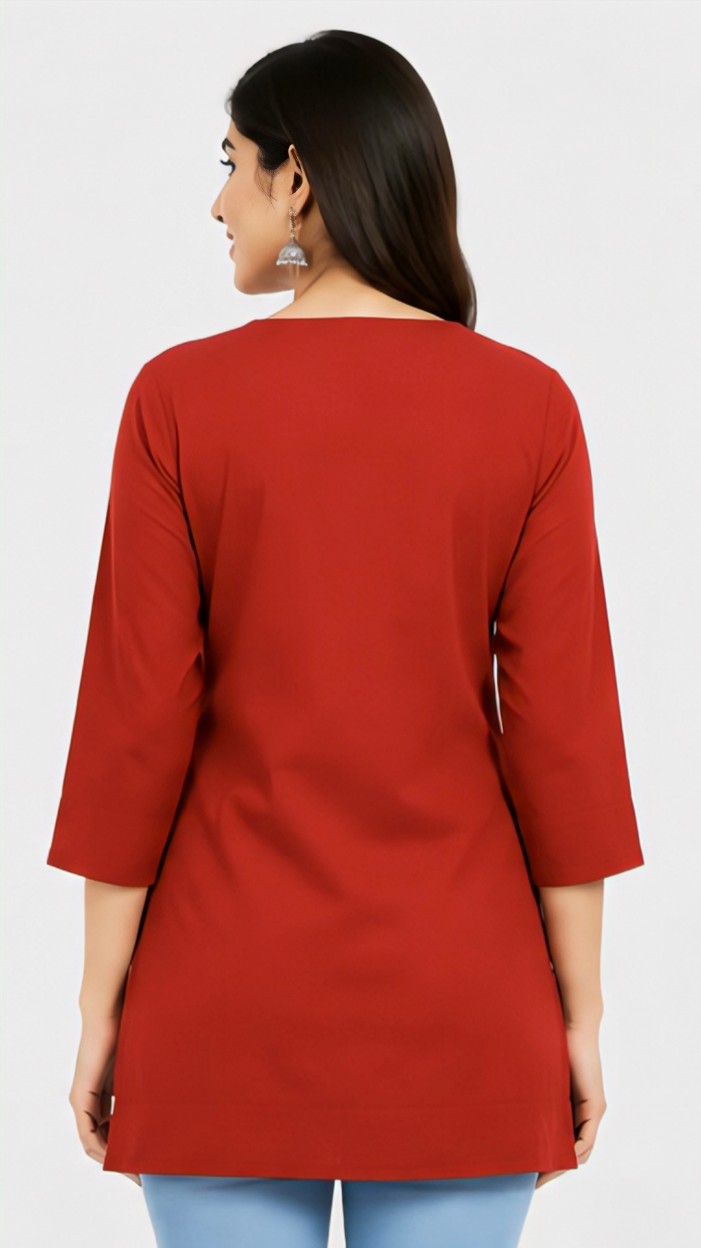 Women's Red Floral Embroidered Kurti | Stylish 3/4 Sleeve Ethnic Tunic