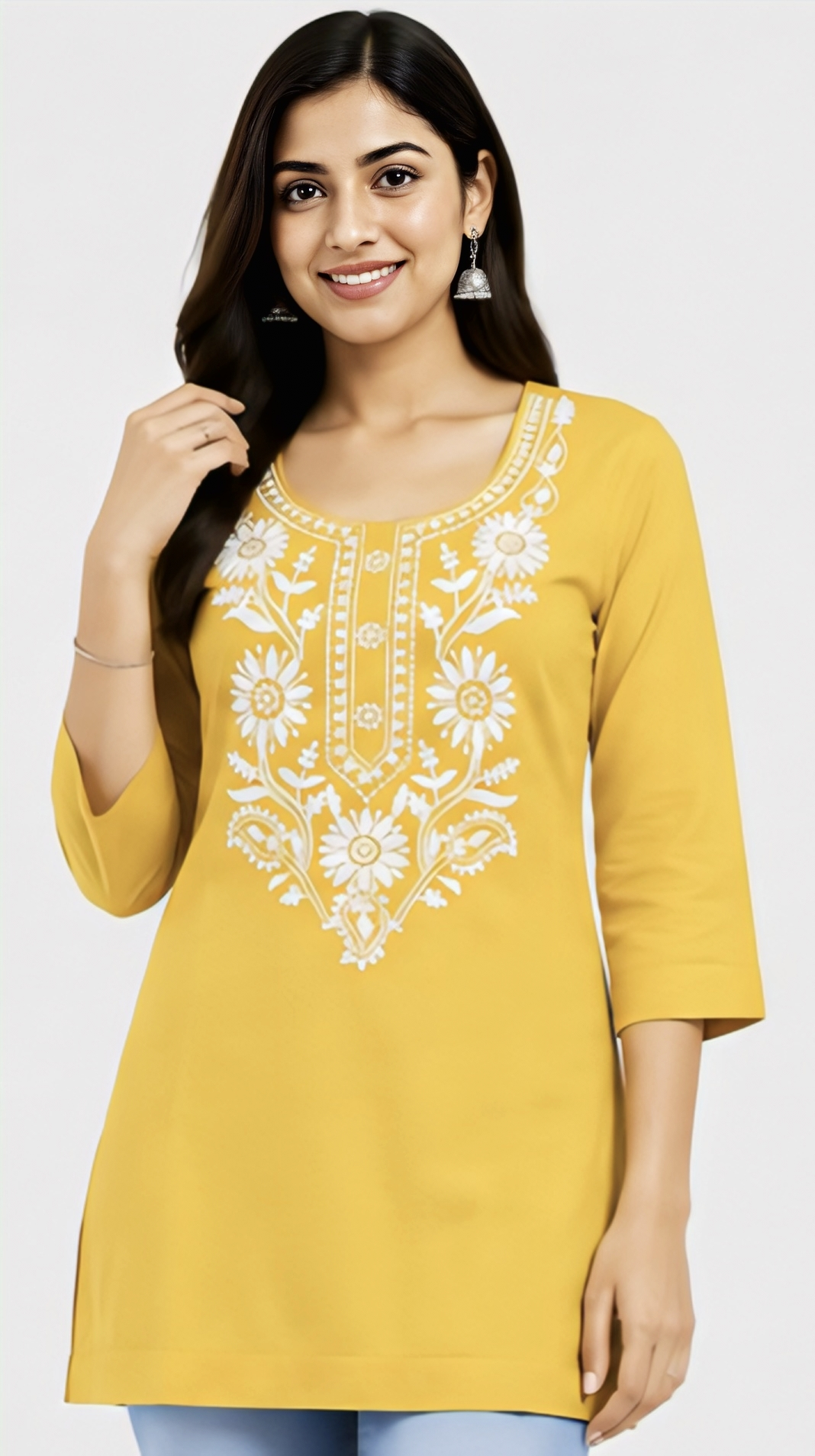 Women's yellow floral embroidered kurti with 3/4 sleeves and detailed neckline