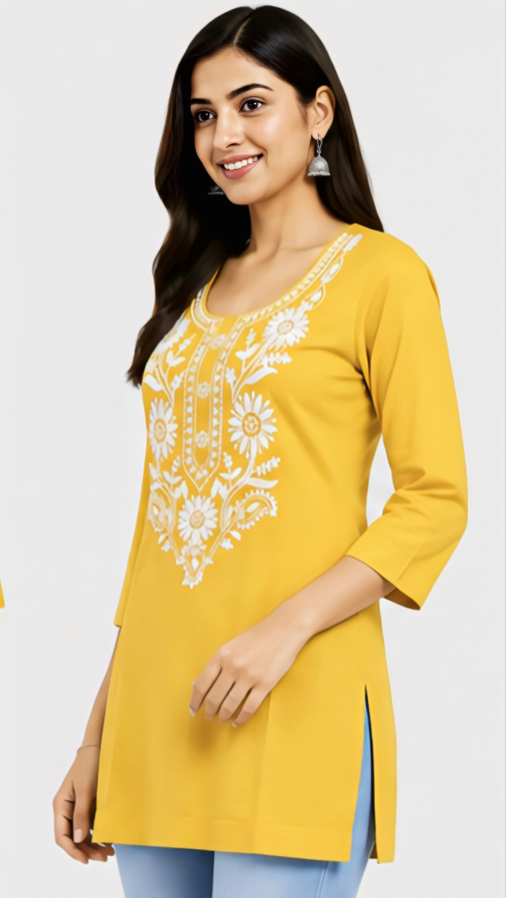 Women's Yellow Floral Embroidered Kurti | Stylish 3/4 Sleeve Ethnic Tunic