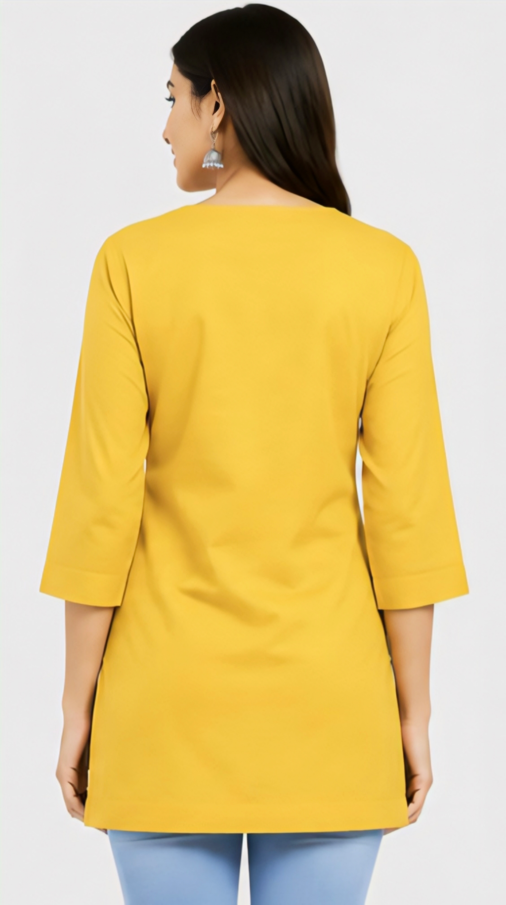 Women's Yellow Floral Embroidered Kurti | Stylish 3/4 Sleeve Ethnic Tunic