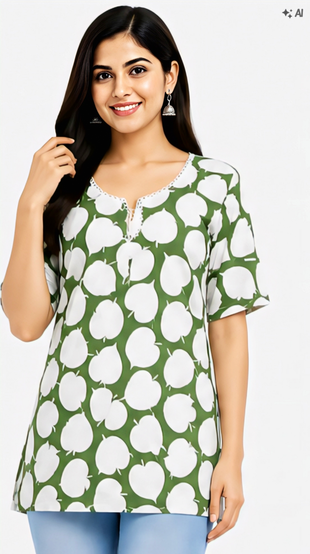 Women's green floral printed V-neck kurti with 3/4 sleeves