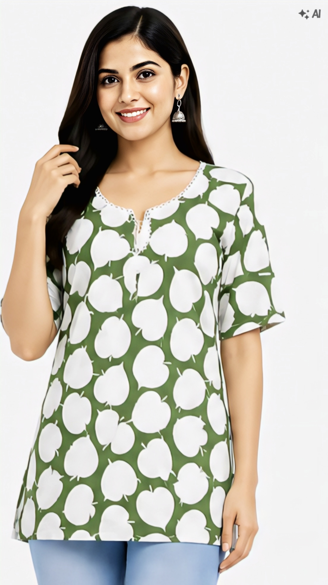 Women's green floral printed V-neck kurti with 3/4 sleeves