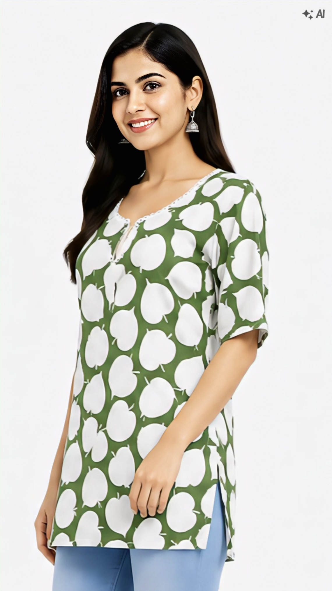 Women's Green Floral Printed Kurti | Stylish V-Neck 3/4 Sleeve Casual TunicWomen's Green Floral Printed Kurti | Stylish V-Neck 3/4 Sleeve Casual Tunic