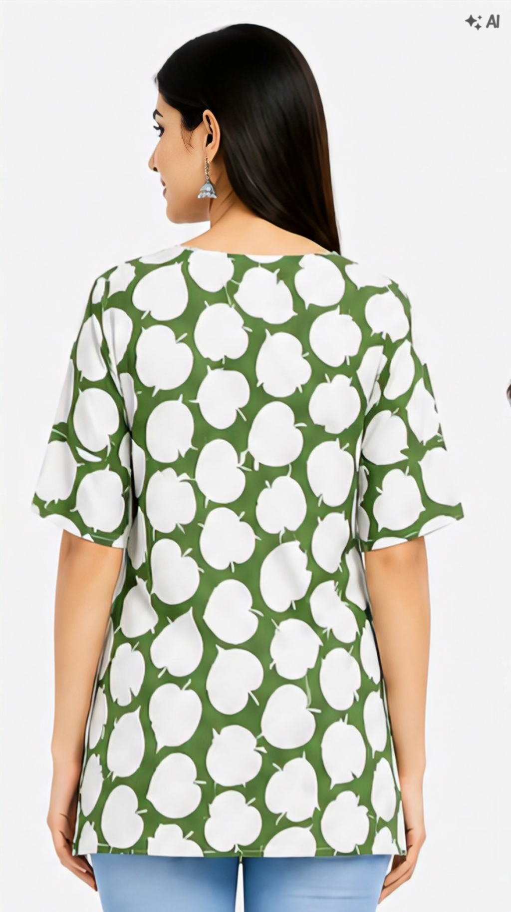Women's Green Floral Printed Kurti | Stylish V-Neck 3/4 Sleeve Casual TunicWomen's Green Floral Printed Kurti | Stylish V-Neck 3/4 Sleeve Casual Tunic