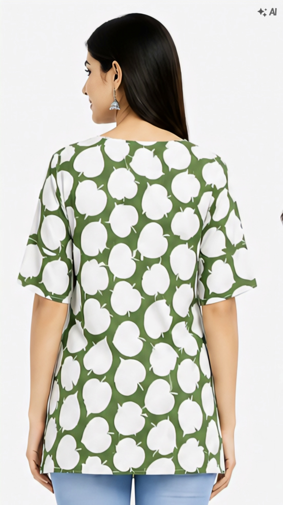 Women's Green Floral Printed Kurti | Stylish V-Neck 3/4 Sleeve Casual TunicWomen's Green Floral Printed Kurti | Stylish V-Neck 3/4 Sleeve Casual Tunic