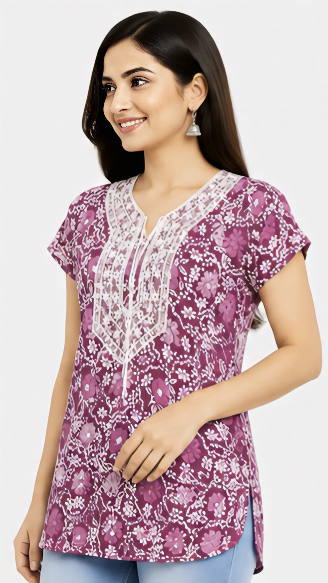 Women’s Purple Floral Printed Cotton Tunic Top | Stylish Free Size Kurti