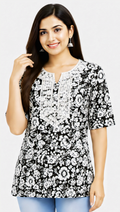 Women's black and white floral printed cotton free size short kurti for casual daily wear.