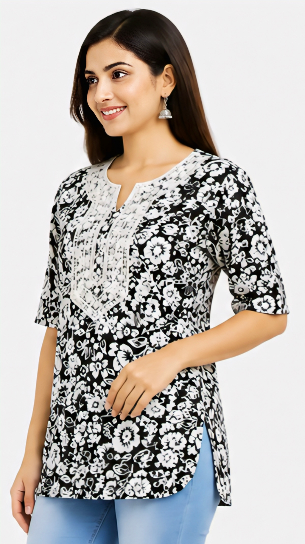 Women's Black & White Floral Printed Cotton Short Kurti