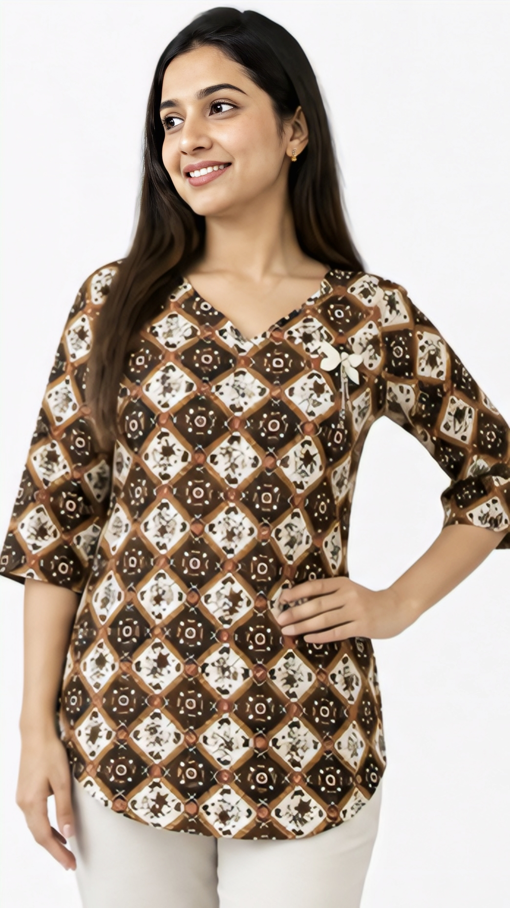 Women's Brown Geometric Printed Cotton Short Kurti