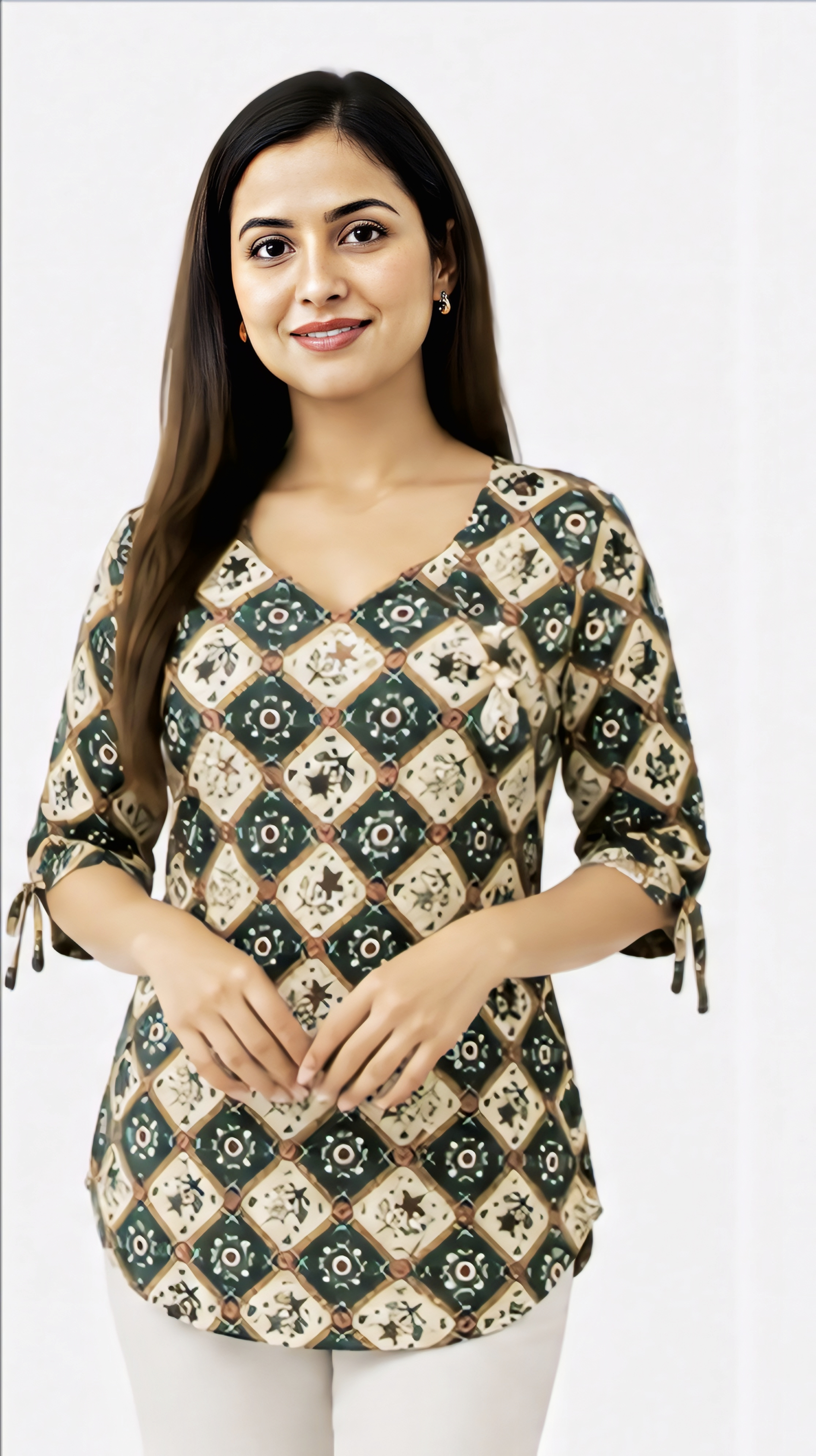 Women's Olive Green Geometric Printed Cotton Top with V-Neck and Tie-Up Sleeves, Free Size Casual Daily Wear