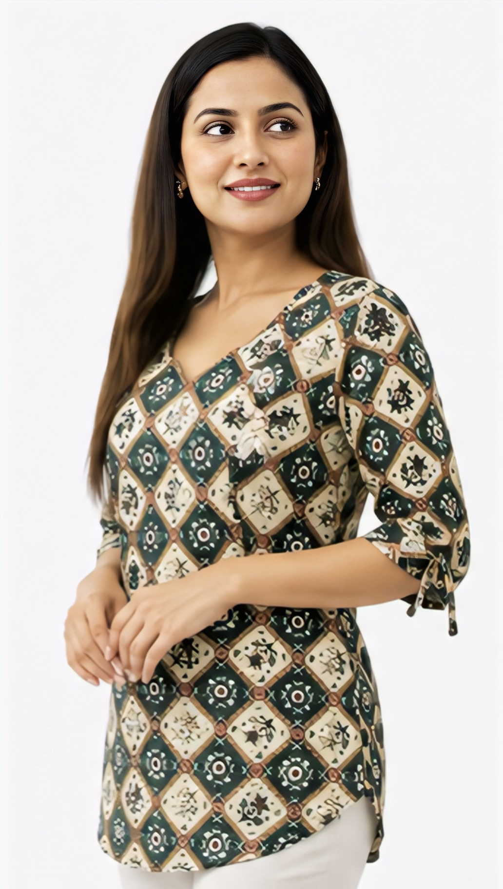 Women's Olive Green Geometric Printed Cotton Top | Free Size Casual Daily Wear Tunic for Women
