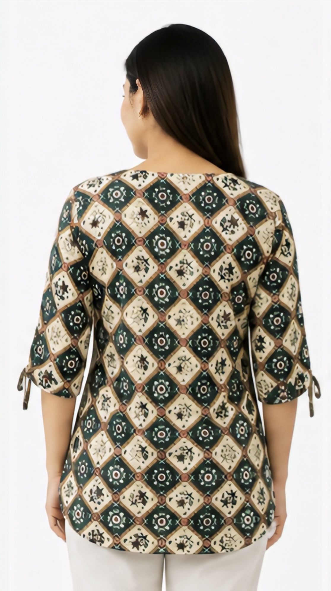 Women's Olive Green Geometric Printed Cotton Top | Free Size Casual Daily Wear Tunic for Women