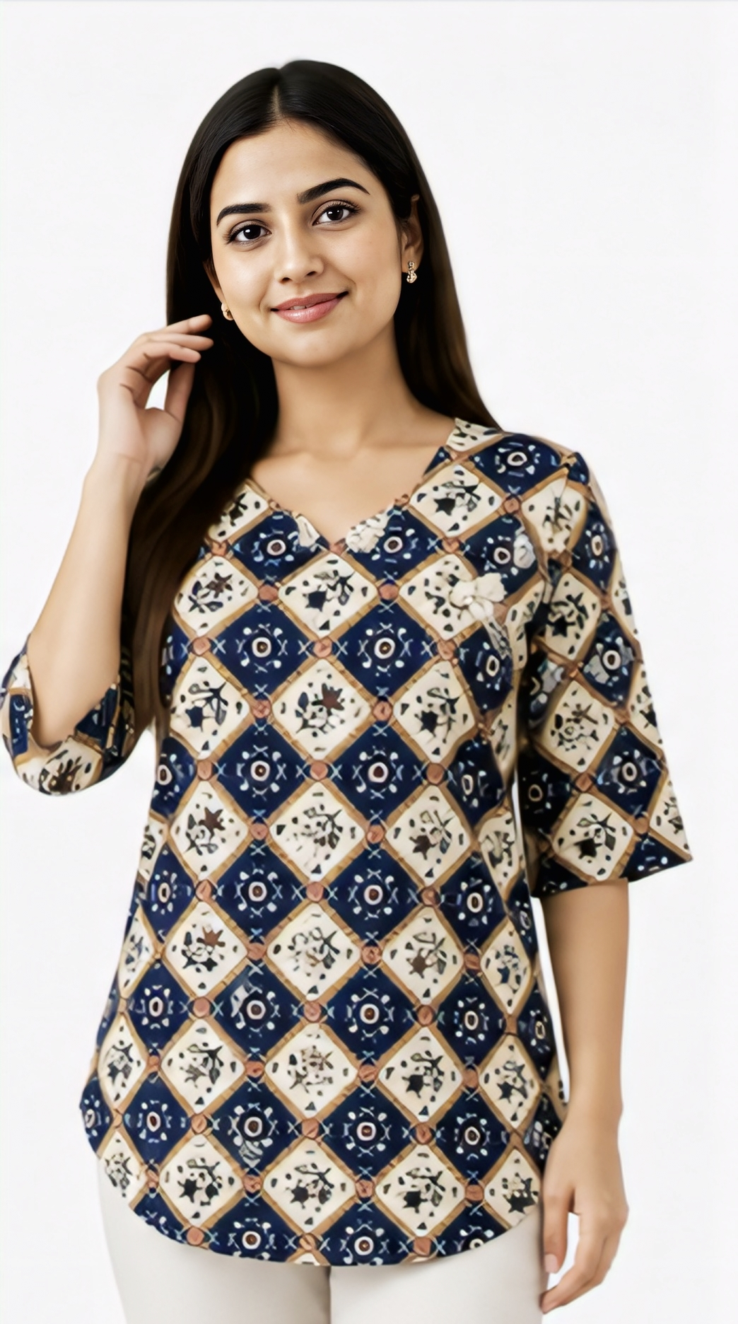Women wearing a navy blue printed cotton tunic top with geometric pattern, V-neck and free-size fit