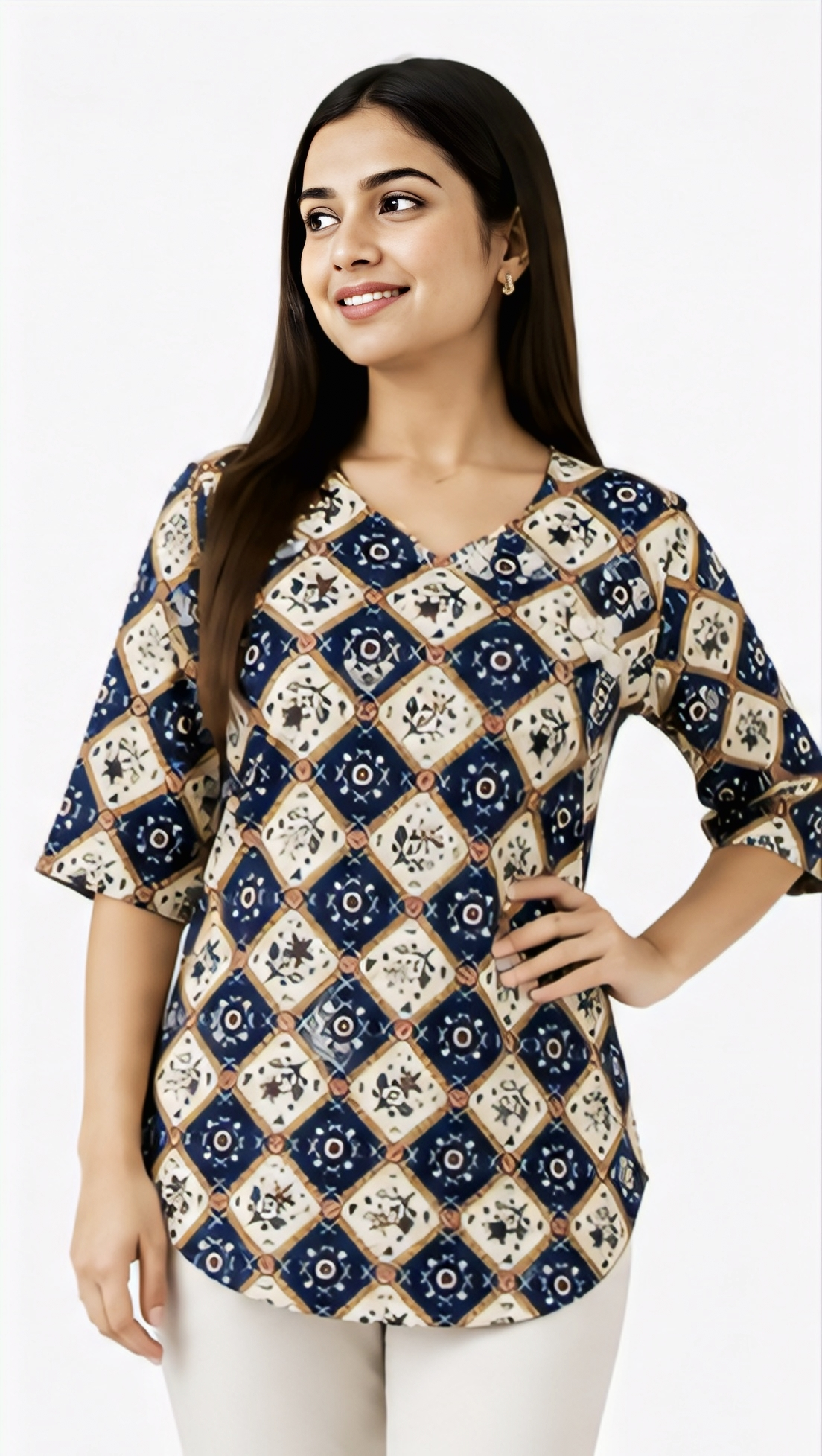 Women’s Navy Blue Printed Cotton Tunic Top | Stylish Free Size Casual Kurti