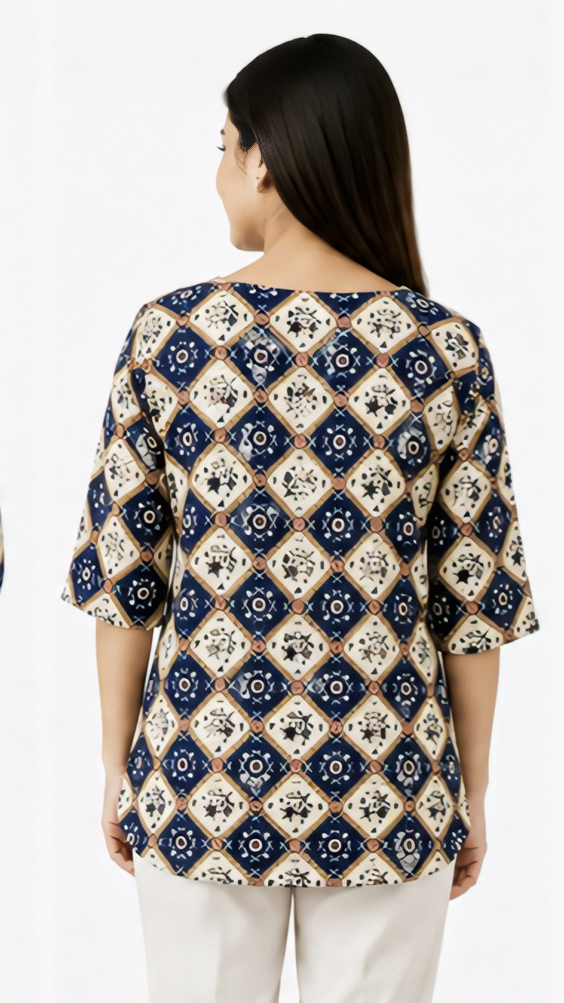 Women’s Navy Blue Printed Cotton Tunic Top | Stylish Free Size Casual Kurti