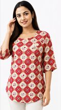 Women's red and cream geometric printed cotton free size short kurti with V-neck and 3/4 sleeves