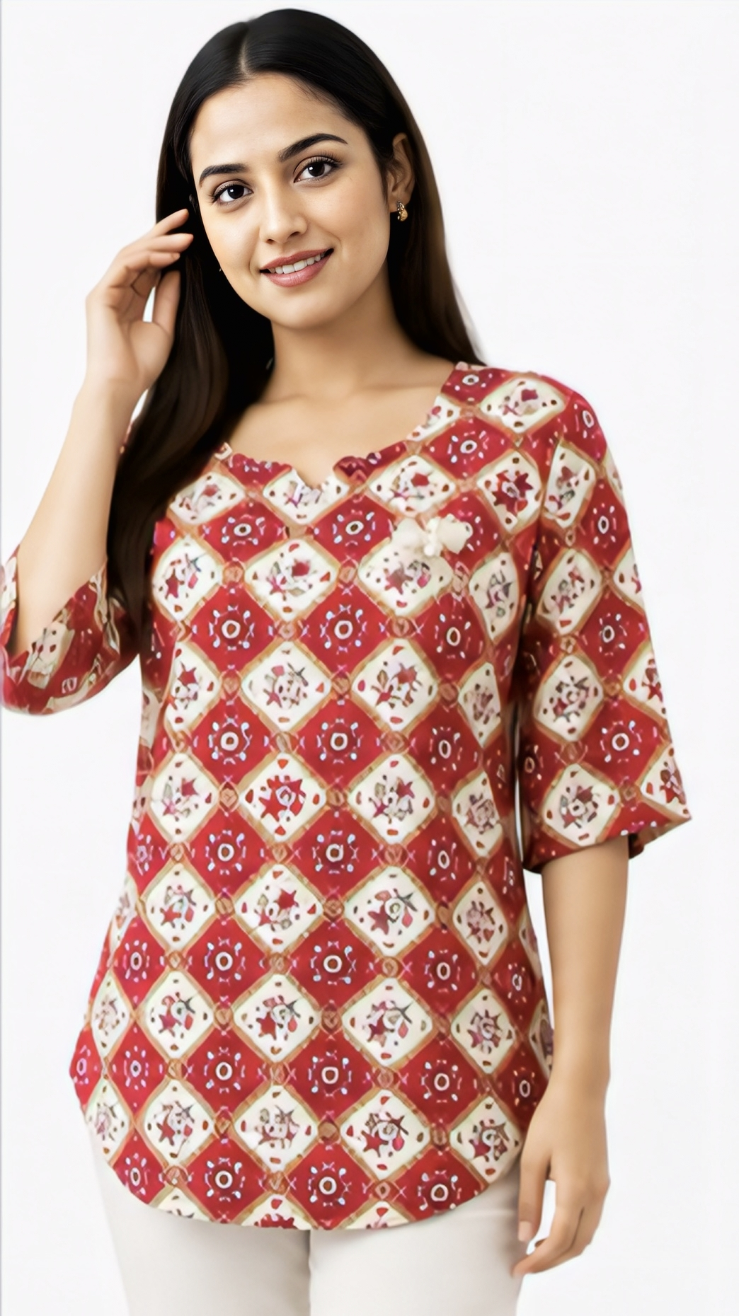Women's red and cream geometric printed cotton free size short kurti with V-neck and 3/4 sleeves