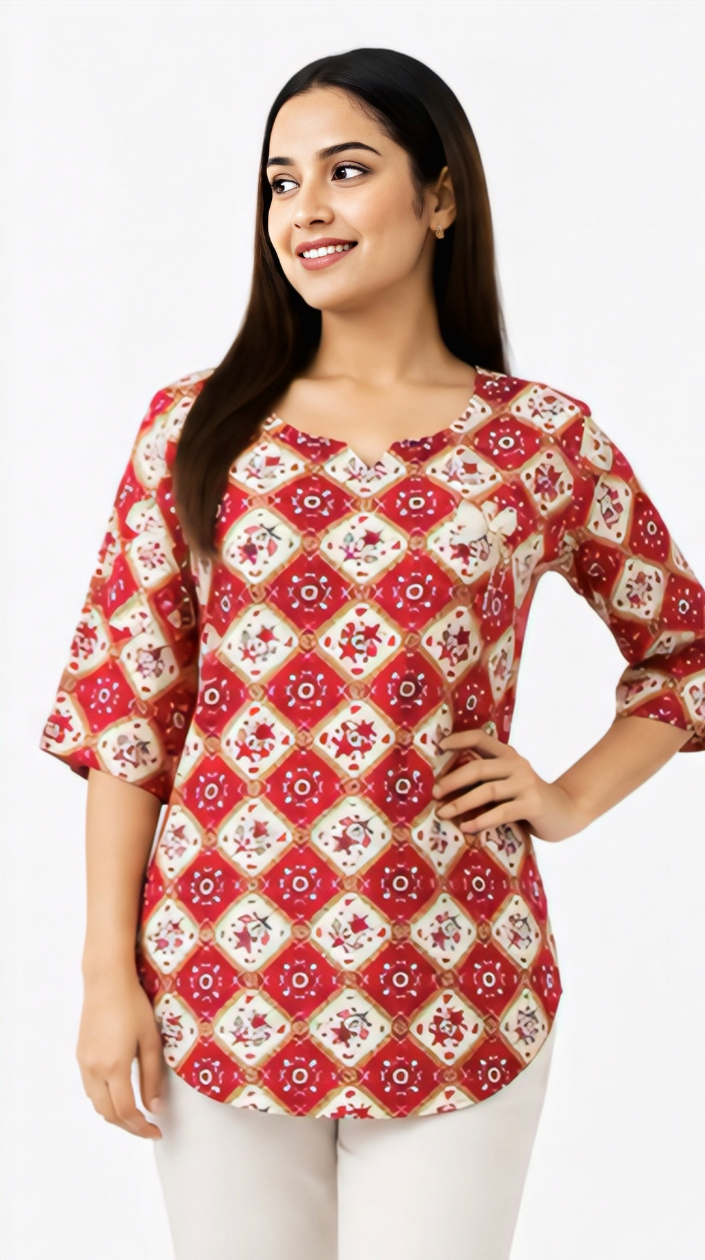 Women's Red & Cream Geometric Printed Cotton Free Size Short Kurti | 3/4 Sleeve Casual Top