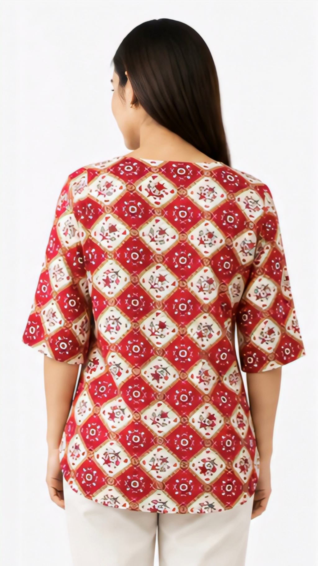 Women's Red & Cream Geometric Printed Cotton Free Size Short Kurti | 3/4 Sleeve Casual Top