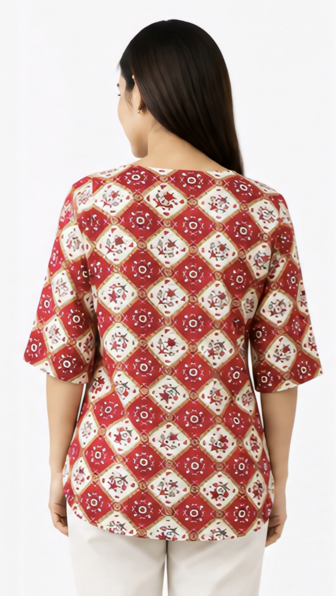 Women's Red & Cream Geometric Printed Cotton Free Size Short Kurti | 3/4 Sleeve Casual Top